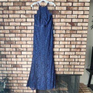 NWT Lulu's Long Blue Lace Scalloped Halter Neck Dress Size L